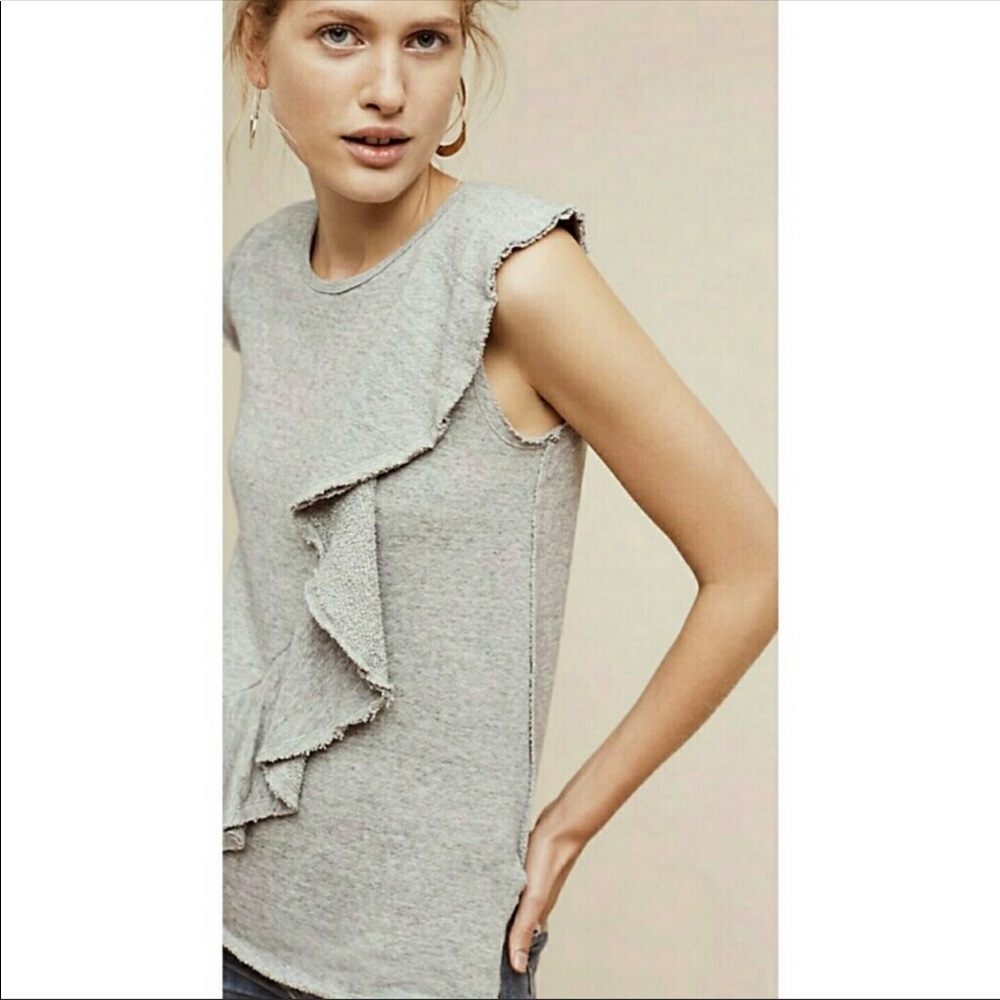 Anthropologie Gray Ruffle Sleeve Top